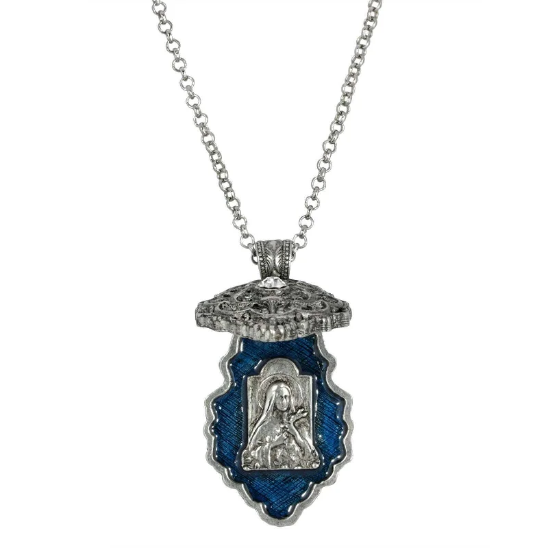 Unique Necklaces-Symbols Of Faith Round Crystal Blue Enamel Saint Therese of Lisieux Reliquary Necklace 28"