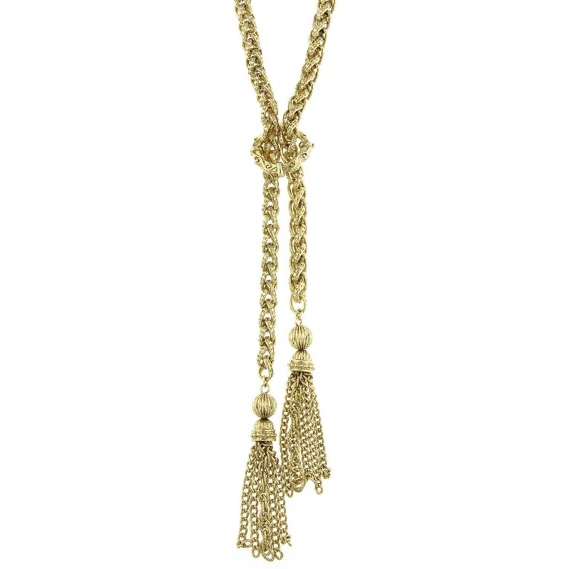 Inspirational Necklaces-1928 Jewelry Gold Textured Braided Chain Tassel Necklace 27"