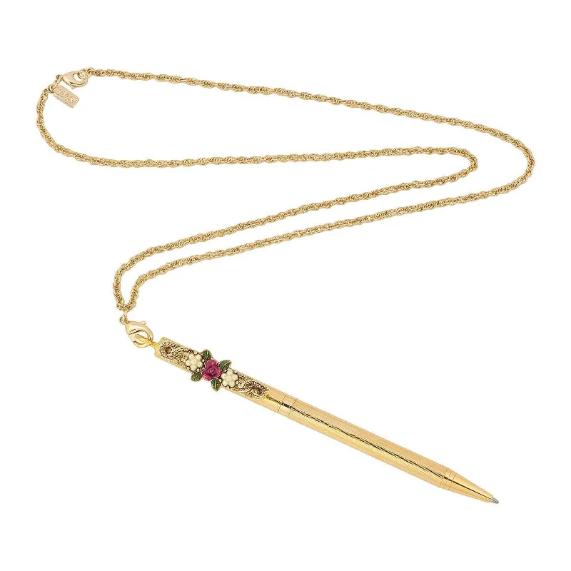 Trendy Necklaces-1928 Jewelry Pink Flower & Faux Pearl Accents Ball Point Pen Necklace 28"