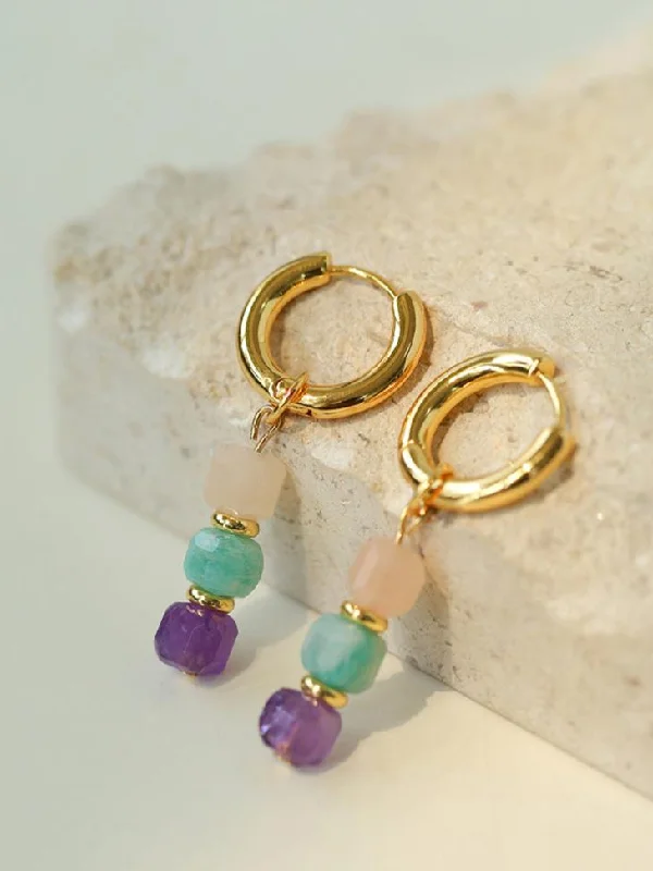 Double Drop Earrings-Rainbow Candy Cube Gemstone Drop Hoop Earrings