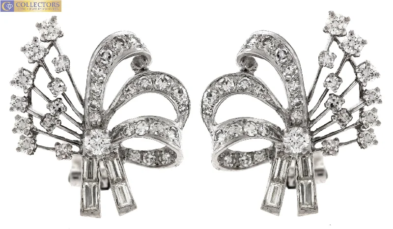 Handmade Pearl Earrings-Ladies Vintage Estate Platinum 1.56ct Diamond Ribbon Bow Clip On Earrings