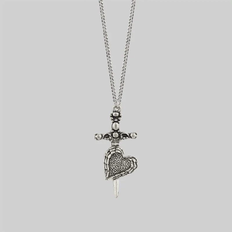 Luxury Necklaces-FORBIDDEN. Heart Dagger Necklace - Silver