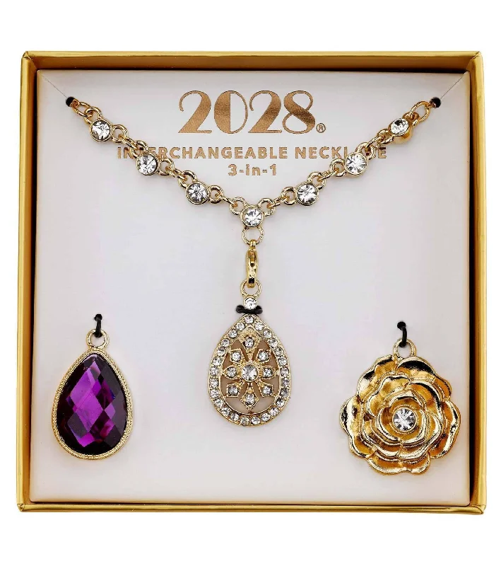 DIY Necklaces-2028 Jewelry 3-In-1 Purple & Crystal Teardrop Interchangeable Necklace Set 16" + 3" Extender