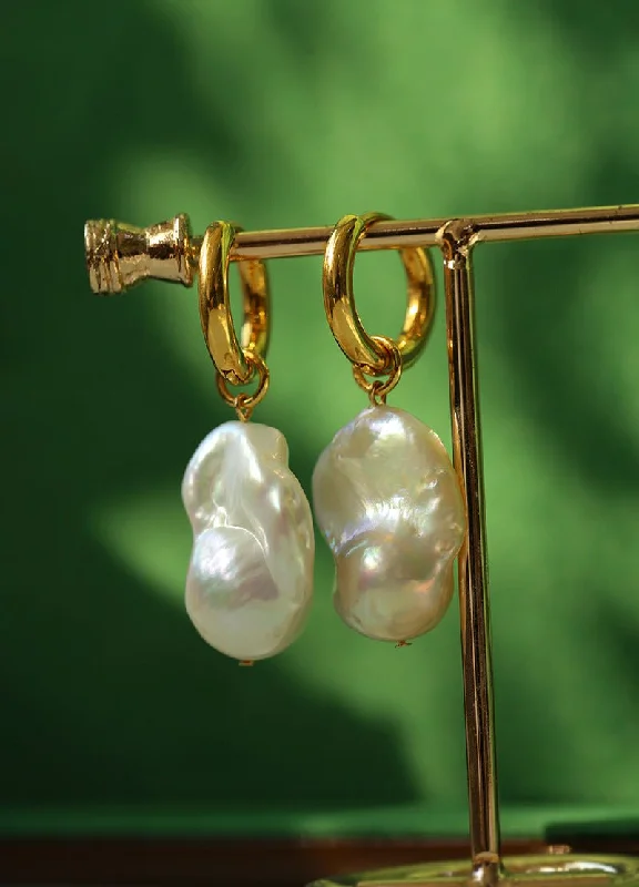 Gemstone Stud Earrings-Baroque Pearl Drop Hoop Earrings