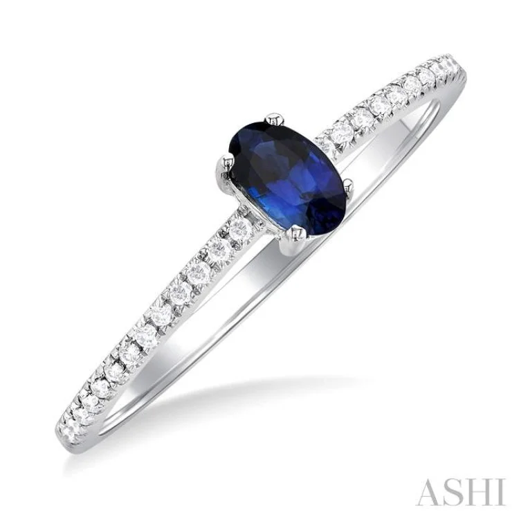 Custom Stacked Rings-5x3 MM Oval Cut Sapphire and 1/10 ctw Petite Round Cut Diamond Precious Fashion Ring in 10K White Gold