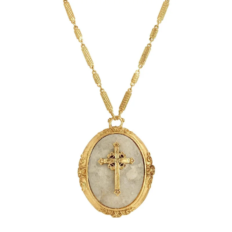 Boutique Necklaces-Symbols of Faith Oval Riverstone Cross Pendant Necklace 30"