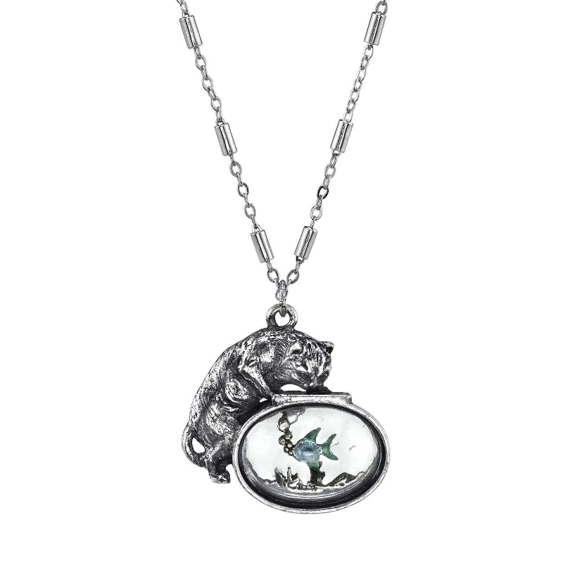 Energy Necklaces-1928 Jewelry Whimsical Cat & Blue and Green Fish Pendant Necklace 30"