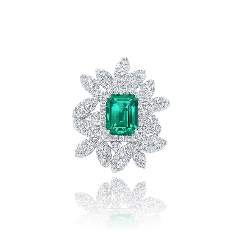 Designer Engagement Ring Sets-Emerald & Diamonds "Petals" Ring