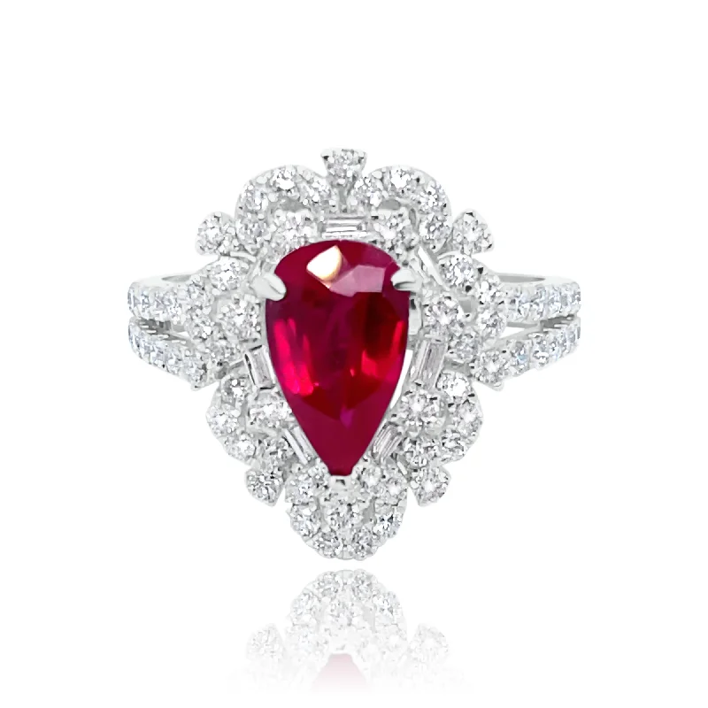 Women’s Wedding Bands with Diamonds-Pear shape Ruby & Diamonds "Maya" Ring