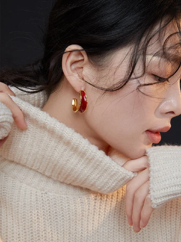 Mixed Metal Hoop Earrings-Festive Red Enamel Glazed Earrings