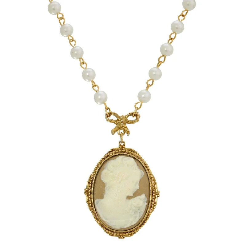 Opal Necklaces-1928 Jewelry Taupe Cameo White Round 6mm Faux Pearl Strand Pendant Necklace 16" + 3" Extender