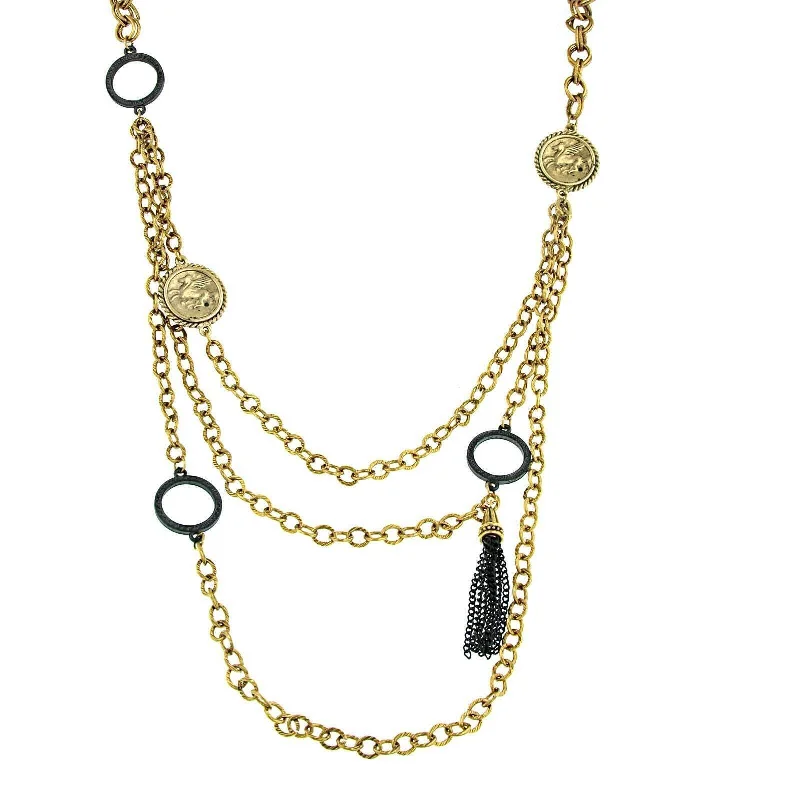 Elegant Necklaces-Antiquities Couture Round Black Rings & Gold Pegasus Linking Layered Chain Necklace 30"