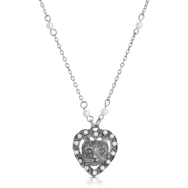 Floral Necklaces-1928 Jewelry Heart And Cat Crystal Faux Pearl Pendant Necklace 16"