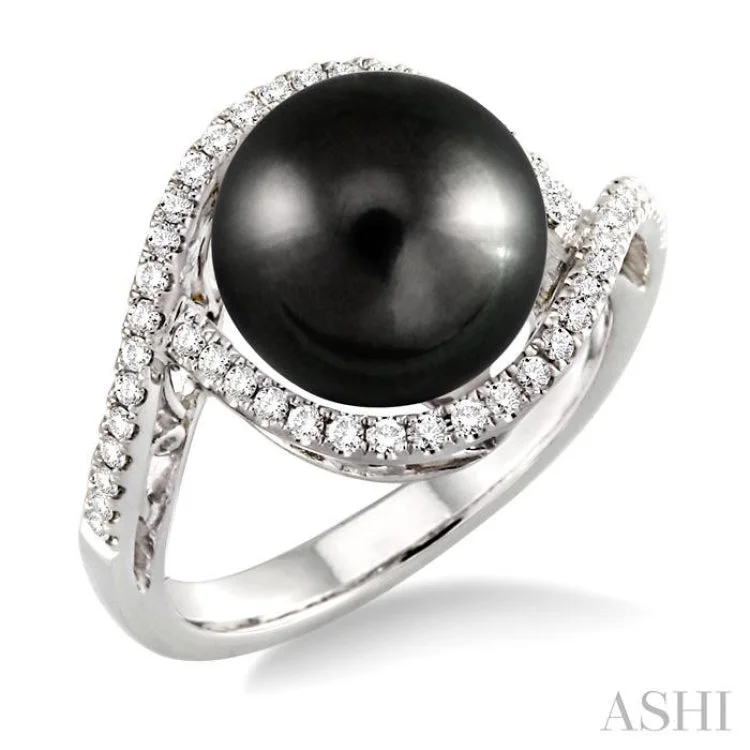 Matching Engagement Rings and Bands-11 MM Black Cultured Pearl and 1/3 ctw Round Cut Diamond Ring in 14K White Gold