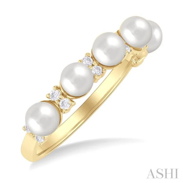 Gold-Plated Wedding Rings-4 MM Round Shape Cultured Pearl and 1/6 ctw Round Cut Diamond Semi Precious Fashion Ring in 10K Yellow Gold