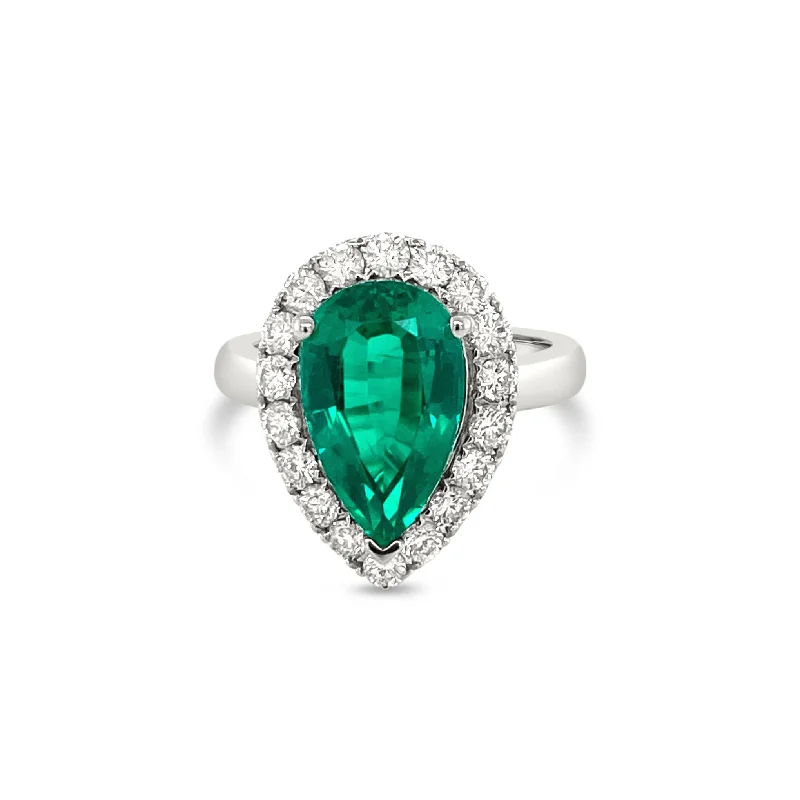 High-End Wedding Band Sets-Halo set Pear Shape Emerald & Diamonds "Arden" Ring