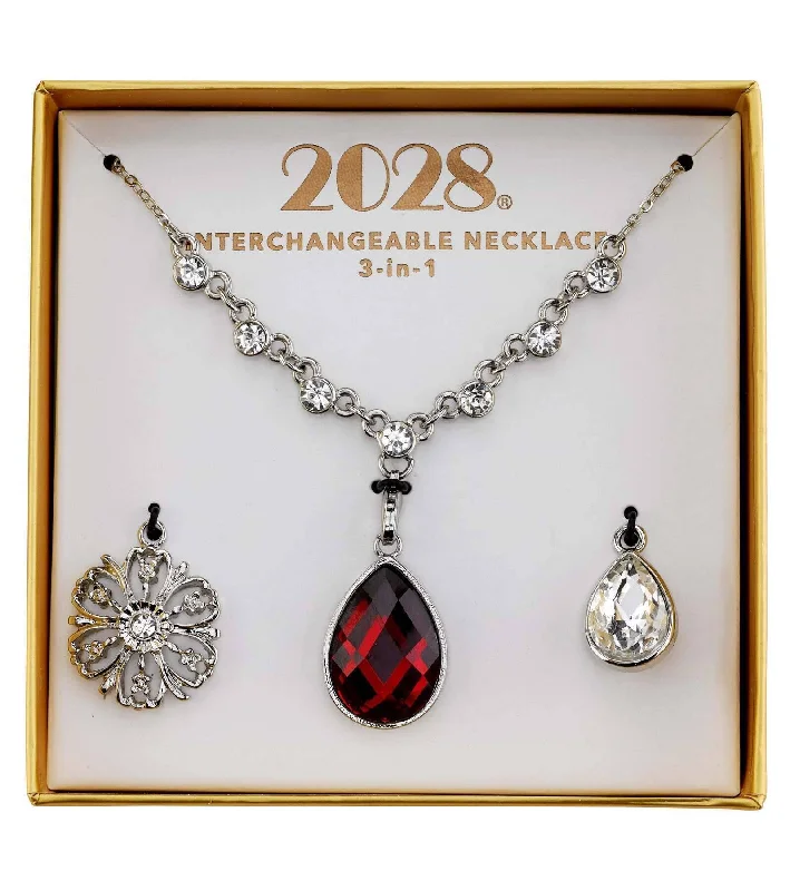 Adjustable Chain Necklaces-2028 Jewelry 3-In-1 Teardrop & Flower Crystal Interchangeable Necklace Set 16" + 3" Extender