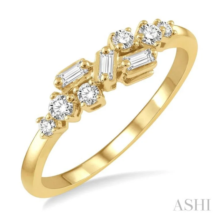 Engraved Wedding Bands-1/4 ctw Baguette and Round Cut Diamond Fashion Scatter Ring in 14K Yellow Gold