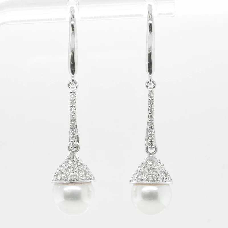 Classic Crystal Earrings-18k & 14k White Gold Diamond 8.25mm Pearl Earrings 0.45ctw 5.1g