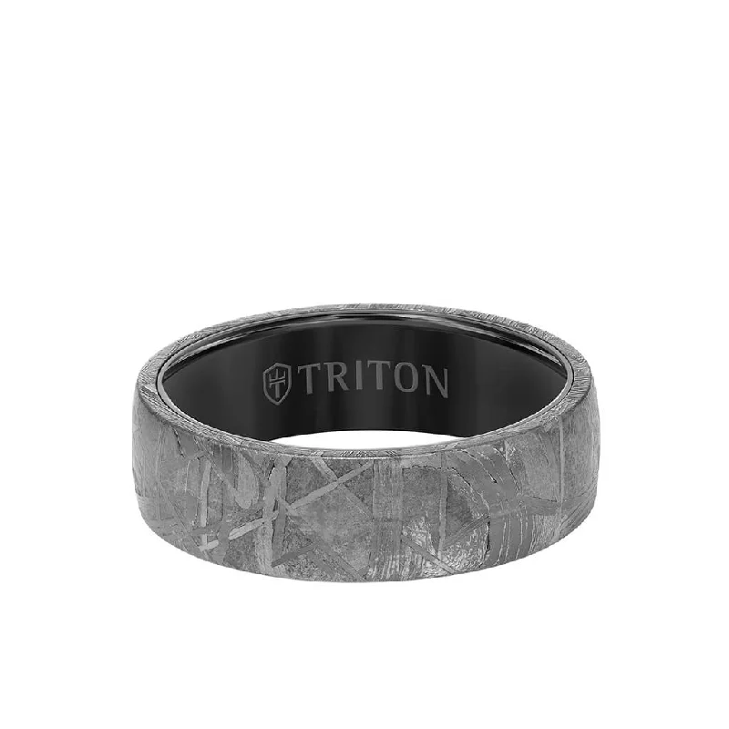 Custom Gemstone Promise Rings-7MM Tungsten Carbide Ring - Meteorite Low Dome and Flat Edge