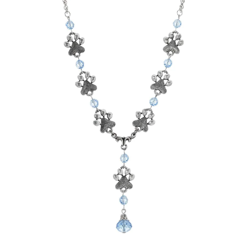 Zodiac Sign Necklaces-1928 Jewelry Paw Prints And Light Sapphire Glass Bead Y Necklace 16" + 3" Extender