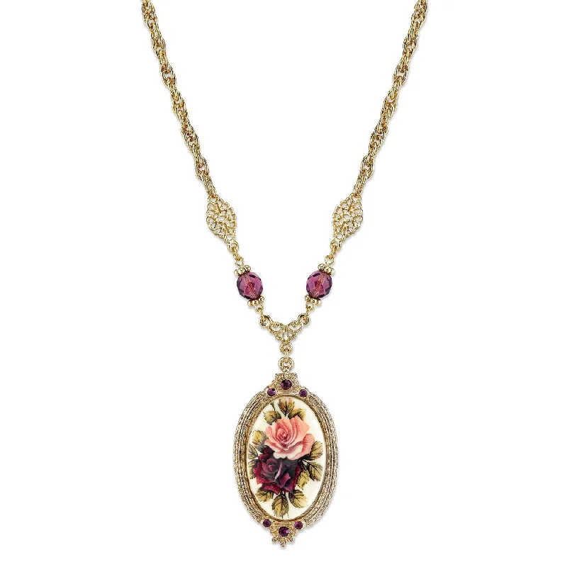 Lotus Necklaces-1928 Jewelry Manor House Rose Pendant Amethyst Crystal Pendant Necklace 16" + 3" Extender