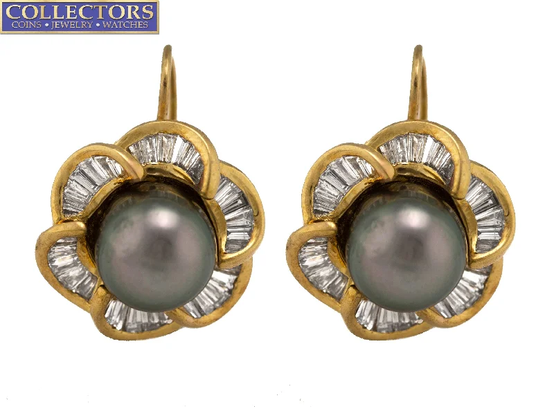 Geometric Gemstone Earrings-Ladies 14K Yellow Gold 0.84ctw Tahitian Pearl Baguette Cut Diamond Drop Earrings