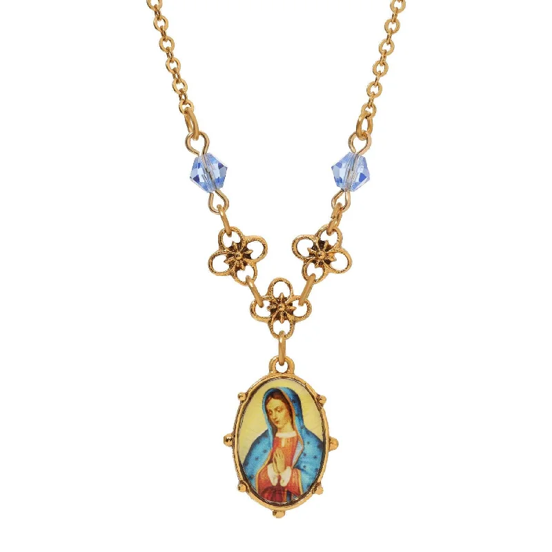 Lotus Necklaces-Symbols Of Faith Light Blue Small Oval Mary Pendant Necklace 16" + 3" Extender