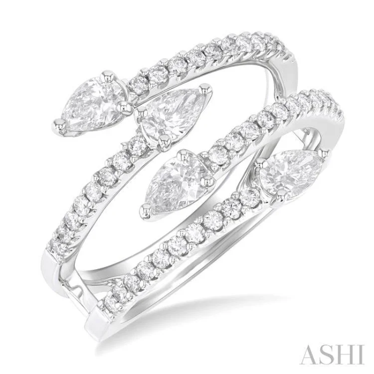 Two-Tone Promise Rings-7/8 ctw Split Double Bypass Pear and Round Cut Diamond Open Fashion Ring in 14K White Gold