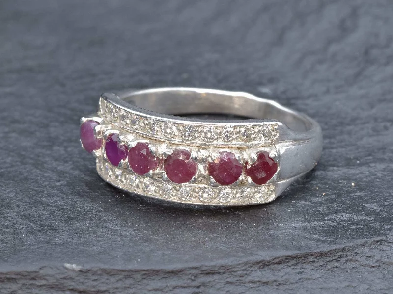 Vintage Sterling Silver Rings-Genuine Ruby Ring - Thick Ruby Band, Red Eternity Ring