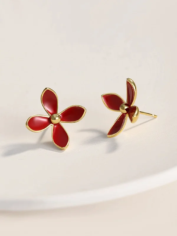 Simple Crystal Hoop Earrings-Red Enamel Glaze Earrings Flower Vitality in Bloom