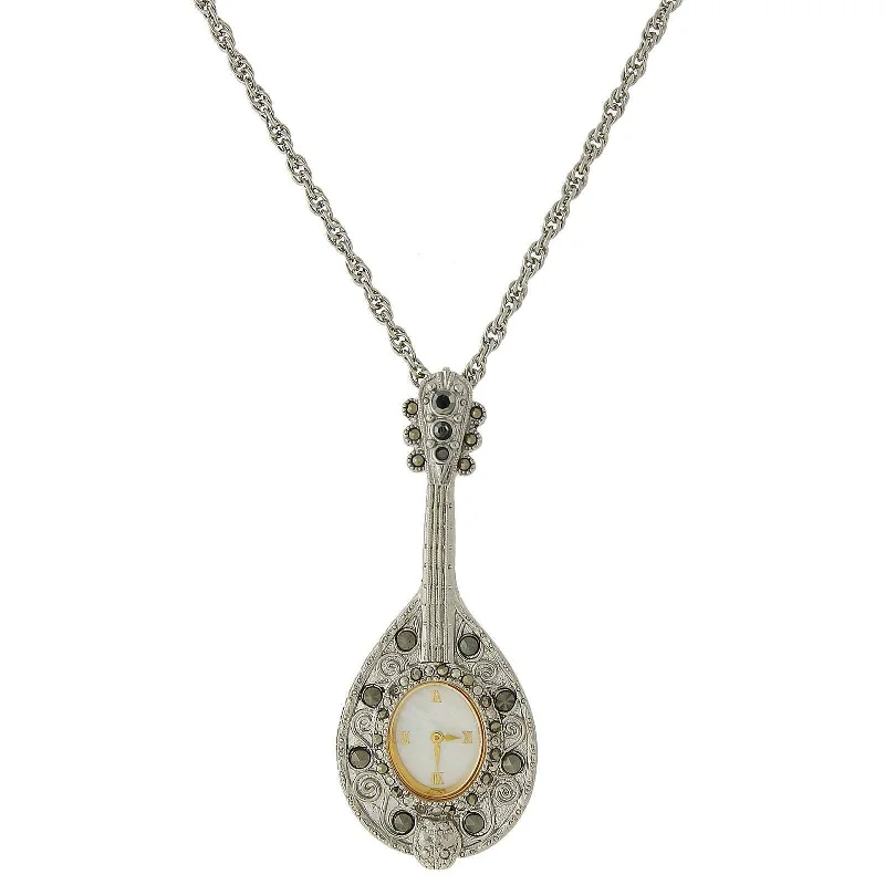 Luxury Gold Necklaces-1928 Jewelry Mother Of Pearl Hematite Crystal Mandolin Watch Pendant Necklace 28"