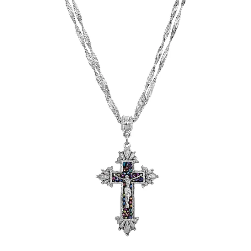 Spiritual Necklaces-Symbols Of Faith Glass Purple Seeded Bead Cross Pendant Necklace 16" + 3" Extender