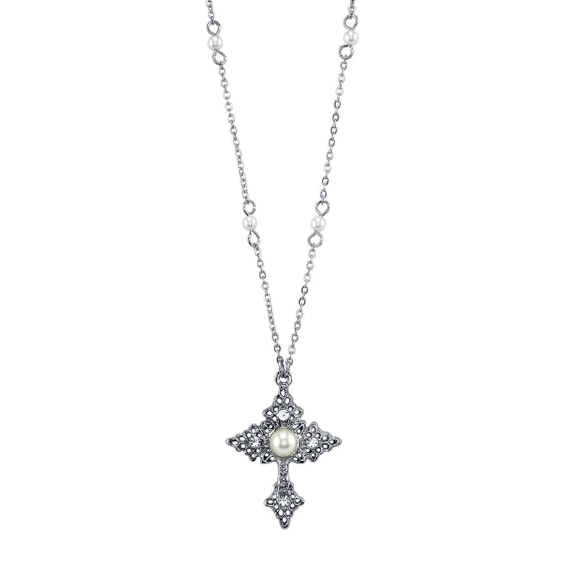 Romantic Necklaces-1928 Jewelry Filigree Cross With Faux Pearl Crystal Accent Pendant Necklace 16" + 3" Extender