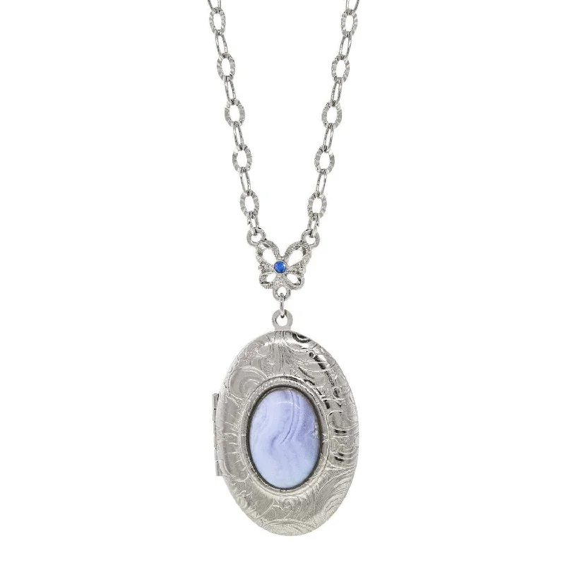 Butterfly Pendant Necklaces-1928 Jewelry Oval Blue Lace Agate Gemstone Locket Necklace 26"