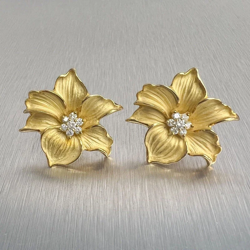 Glittering Hoop Earrings-18k Yellow Gold Diamond Peach Blossom Flower Omega Back Earrings 0.50ctw 21.3g