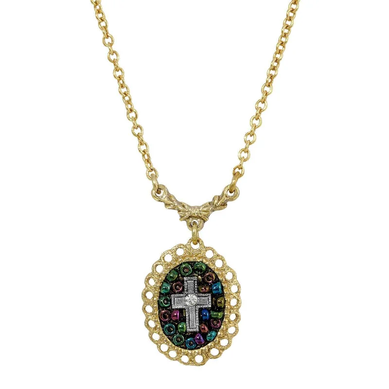 Minimalist Necklaces-Symbols Of Faith Multi Color Seeded Beads & Crystal Cross Pendant Necklace 16" + 3" Extender