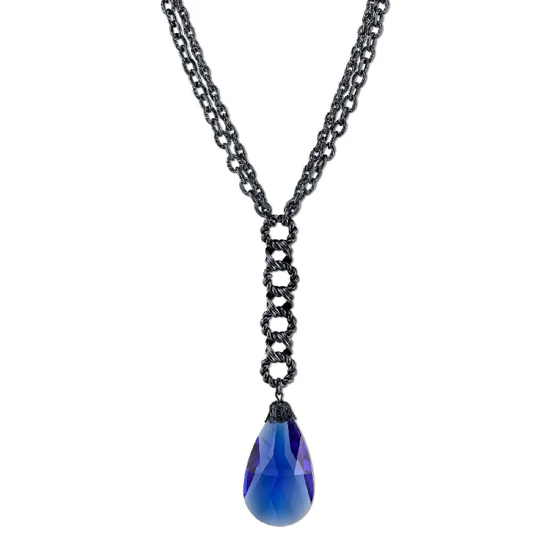 Boutique Necklaces-2028 Jewelry Sapphire Blue Briolette Glass Crystal Black Chain Y-Necklace 16" + 3" Extender