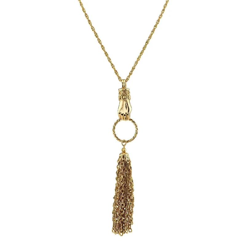 Floral Necklaces-1928 Jewelry Gold Hand And Tassel Necklace 30"