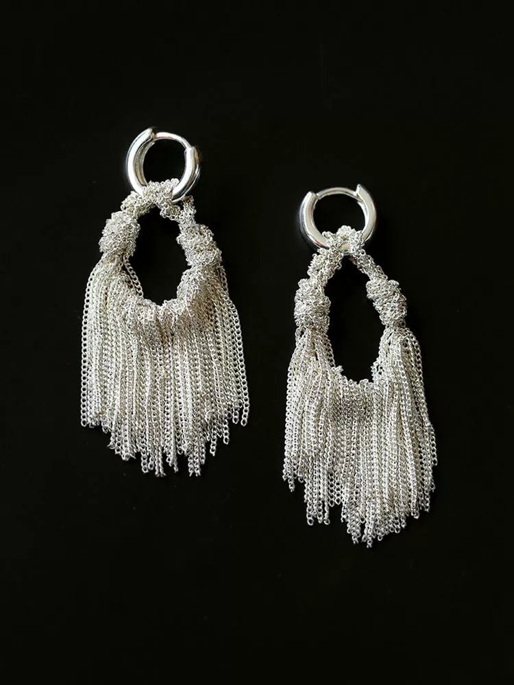 Vintage Crystal Earrings-Shining Galaxy Waterfall Tassel Silver Drop Hoop Earrings