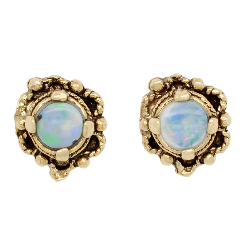 Trendy Gemstone Earrings-Antique Art Deco Opal Stud Earrings - 14k Yellow Gold Floral Shape