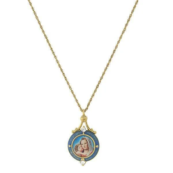 Personalized Gold-Plated Necklaces-Symbols Of Faith Blue Enamel Mary And Child Pendant Necklace 16" + 3" Extender