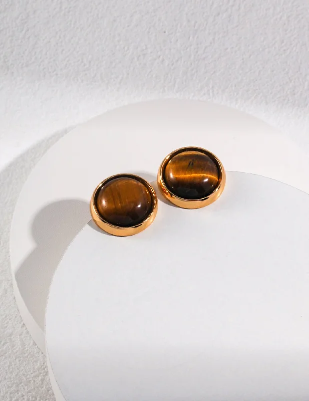 High-End Silver Earrings-Round Tiger Eye Stone Stud Earrings