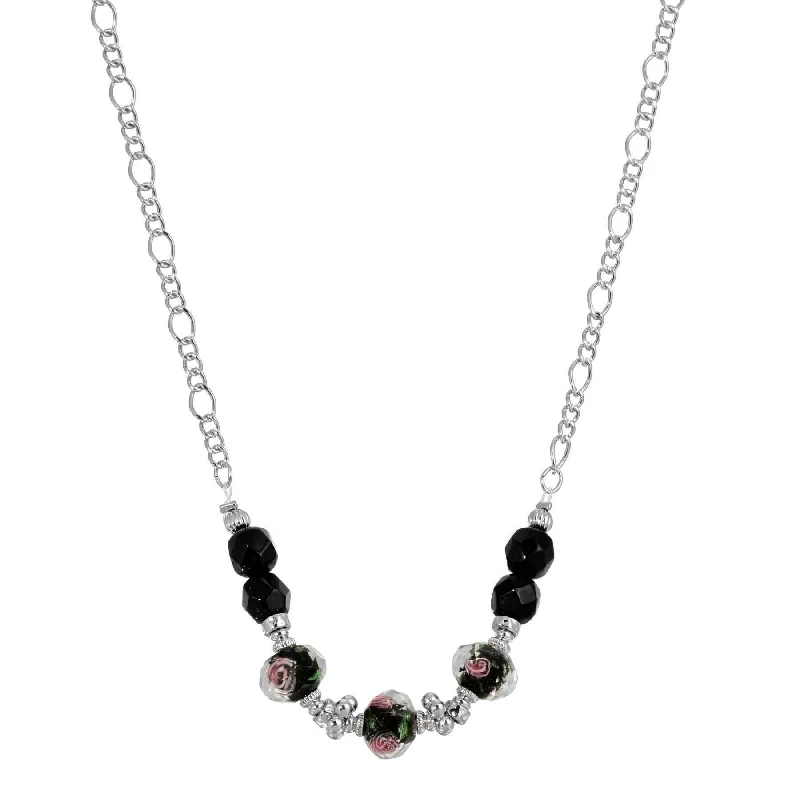 Women's Necklaces-1928 Jewelry Black Floral Beaded Necklace 16"