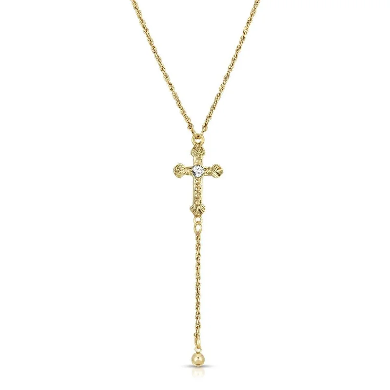 Luxury Pendant Necklaces-1928 Jewelry Gold Cross Round Clear Crystal Y-Necklace 15" + 3" Extender