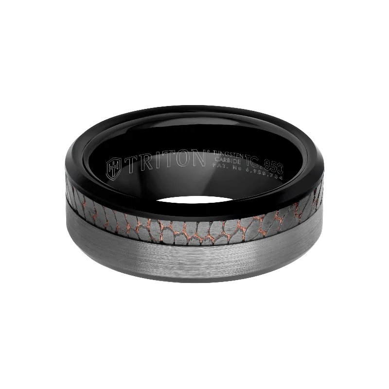 Custom Birthstone Promise Rings-8MM Tungsten Carbide Ring - Superconductor Inlay with Asymmetrical Channel and Beveled Edge