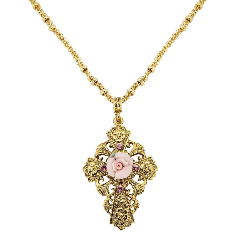 Thin Necklaces-1928 Jewelry Cross Porcelain Rose Cross Pendant Necklace 18"