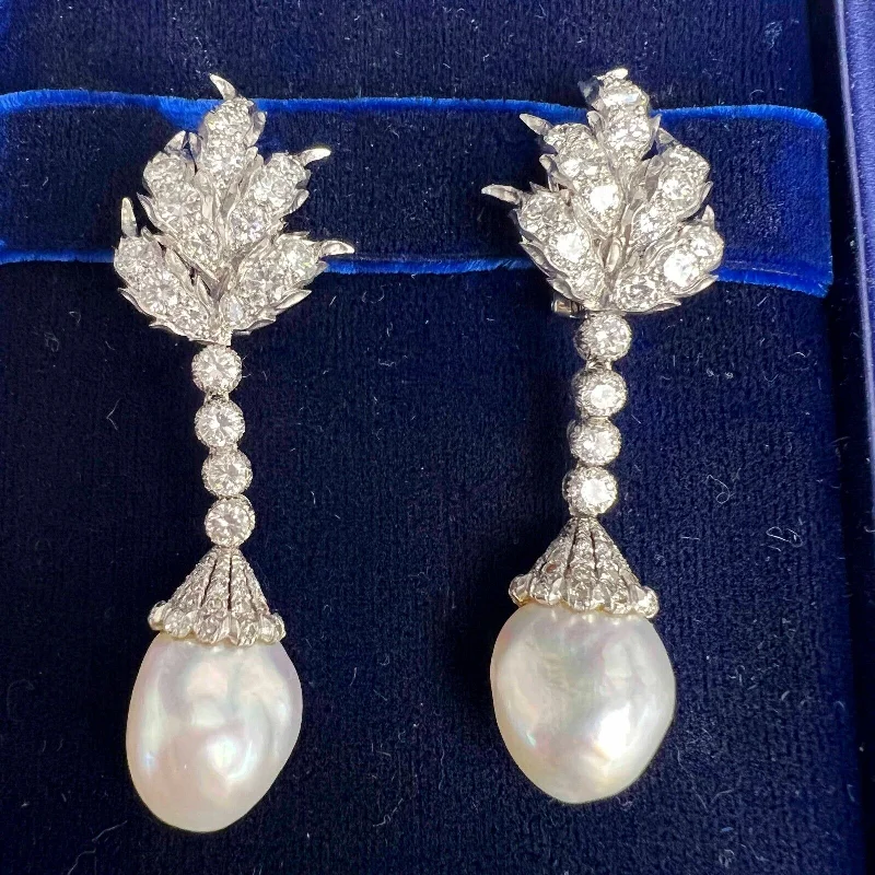 Handmade Pearl Earrings-Vintage 70s Mario Buccellati Platinum Diamond Pearl Dangle Earrings 5.72ctw BOX