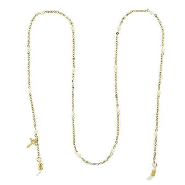 Retro Necklaces-Symbols of Faith White Beaded With Cross Charm Eyeglass Holder Chain Necklace 32"