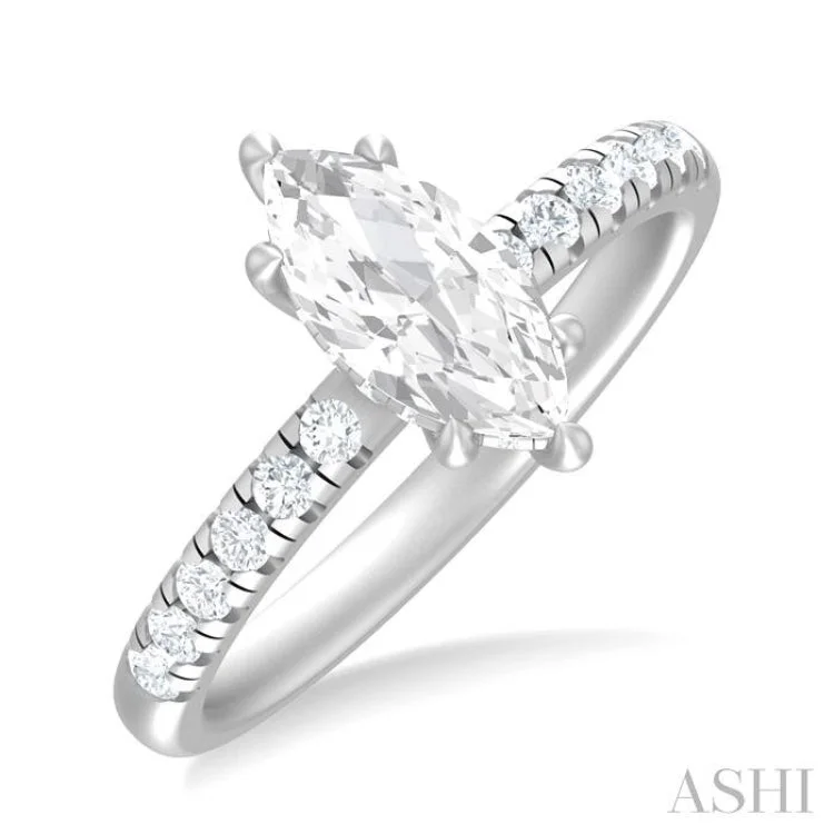 Custom Diamond Promise Rings-1/3 ctw Marquise Shape Round Cut Diamond Semi Mount Engagement Ring in 14K White Gold